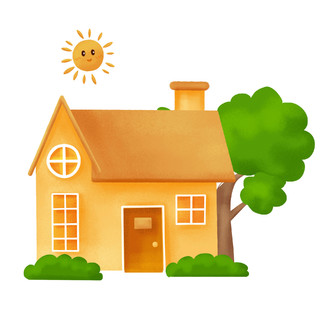 黄色卡通房子太阳树木风景元素GIF动态图太阳元素